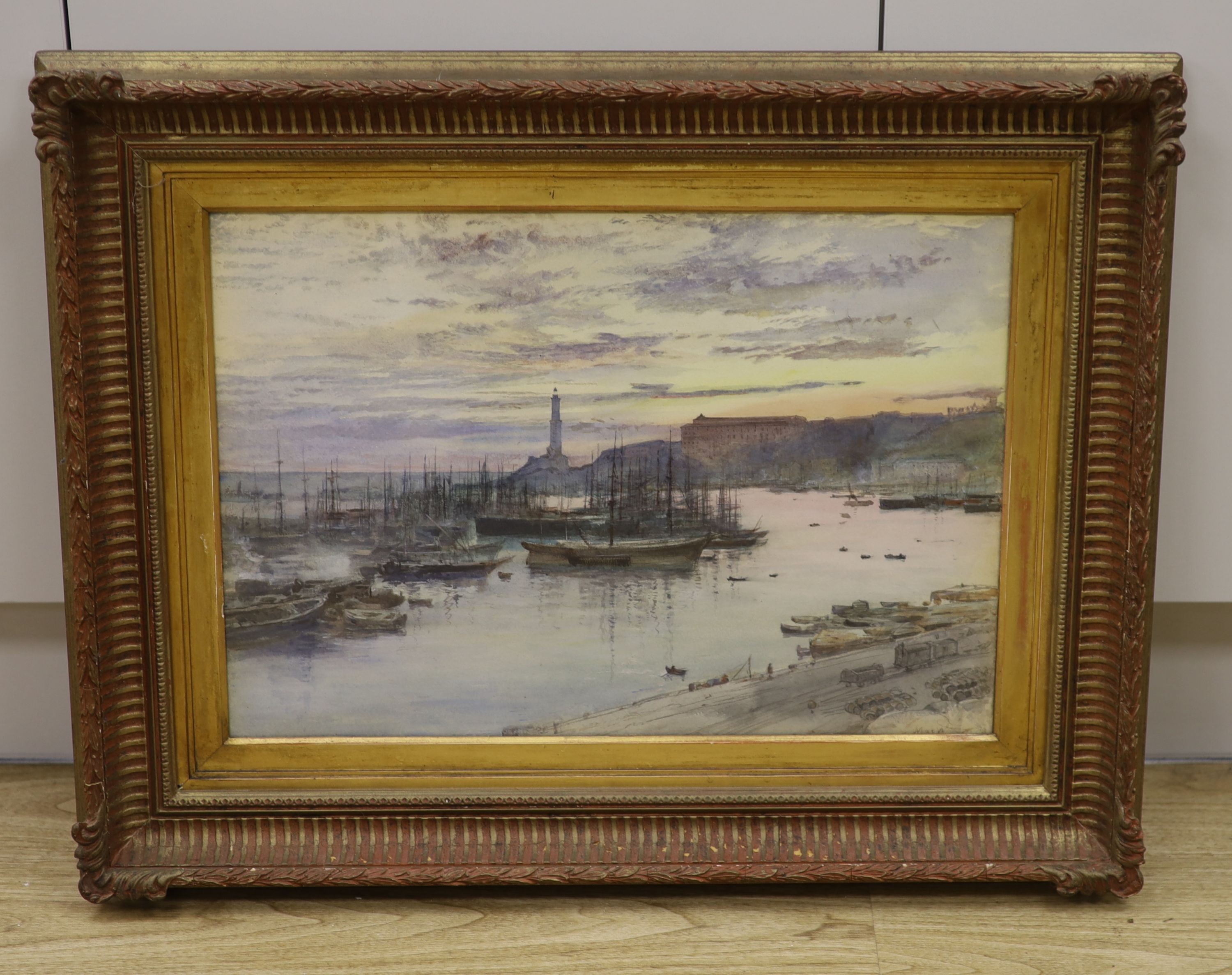 John MacWhirter (1839-1911), watercolour, Harbour, Genoa, signed with Exhibition label verso, 35 x 50cm